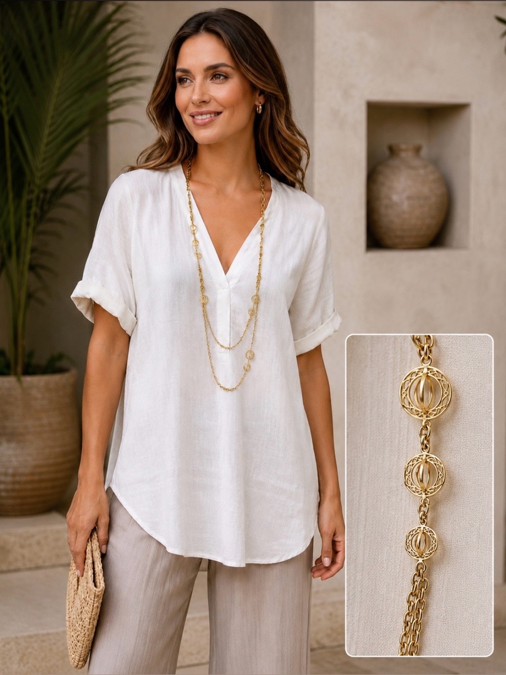 Long strand gold necklace